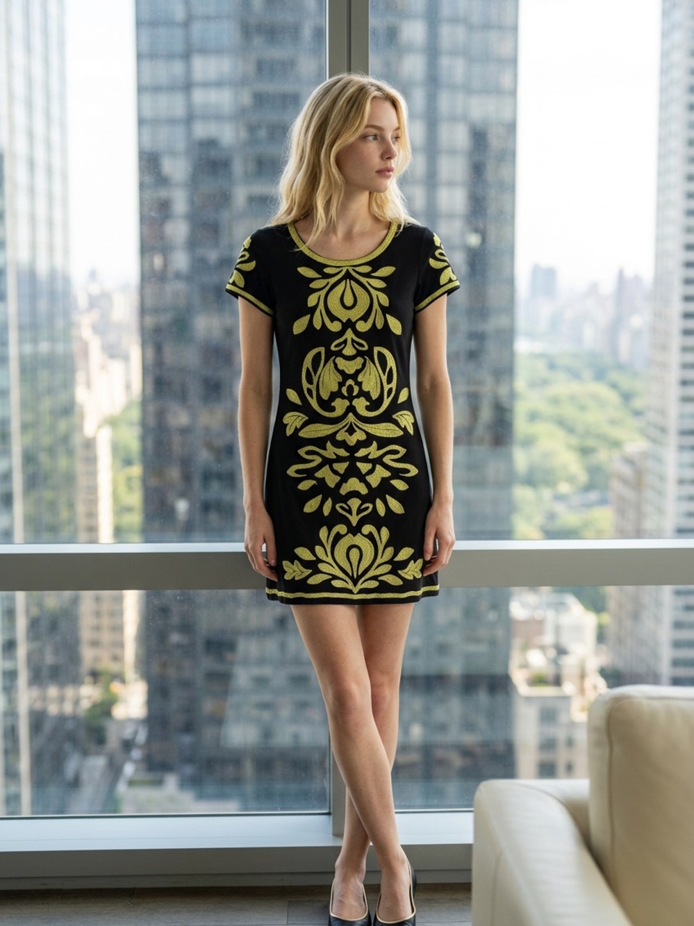 INC International Concepts Embroidered Shift Dress Chartreuse/Black  Size L